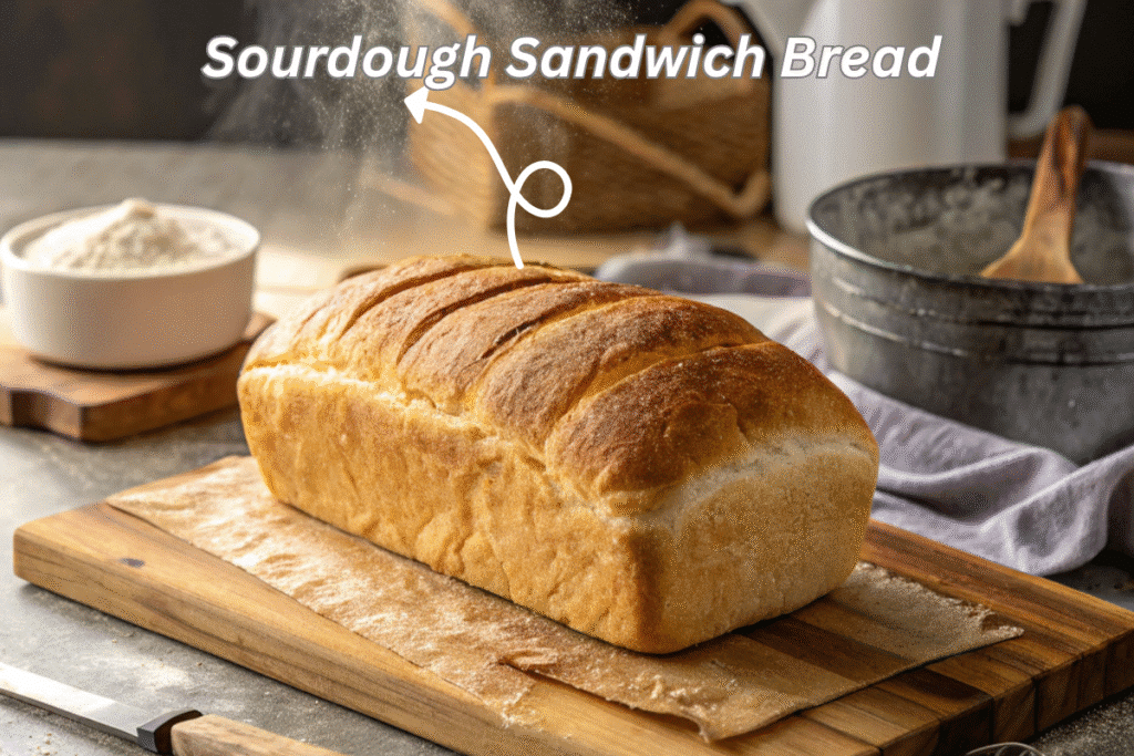 Freshly baked golden sourdough sandwich bread cooling on wooden cutting board