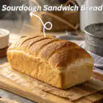 Freshly baked golden sourdough sandwich bread cooling on wooden cutting board