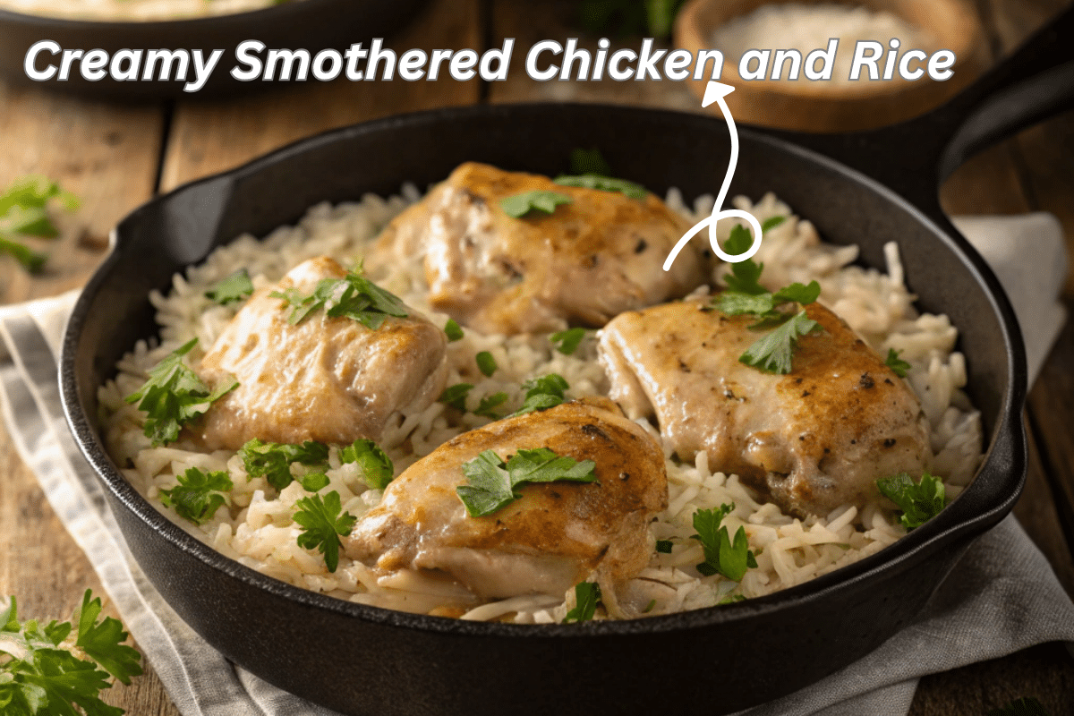 Creamy smothered chicken and rice served in a skillet