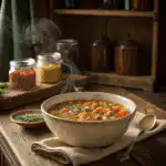 Steaming bowl of spiced lentil and vegetable soup with fresh herbs, served in a ceramic bowl on a rustic kitchen table