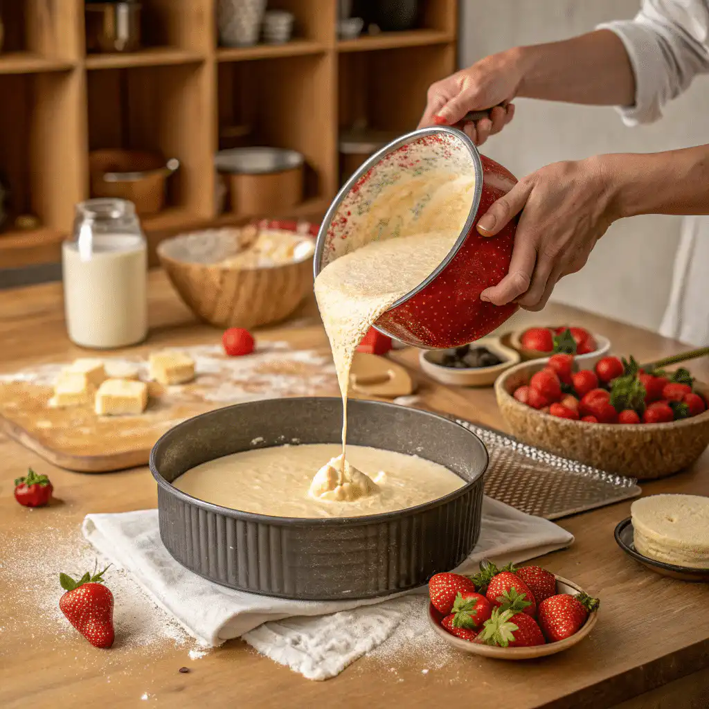 Pouring strawberry cake batter into a pan