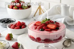 Strawberry protein yogurt jello in a glass dish with fresh fruit
