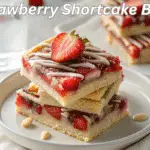 Strawberry Shortcake Bars - Easy, Delicious, No-Bake Recipe 4 Strawberry Shortcake Bars beautifully stacked with white chocolate drizzle and fresh strawberries