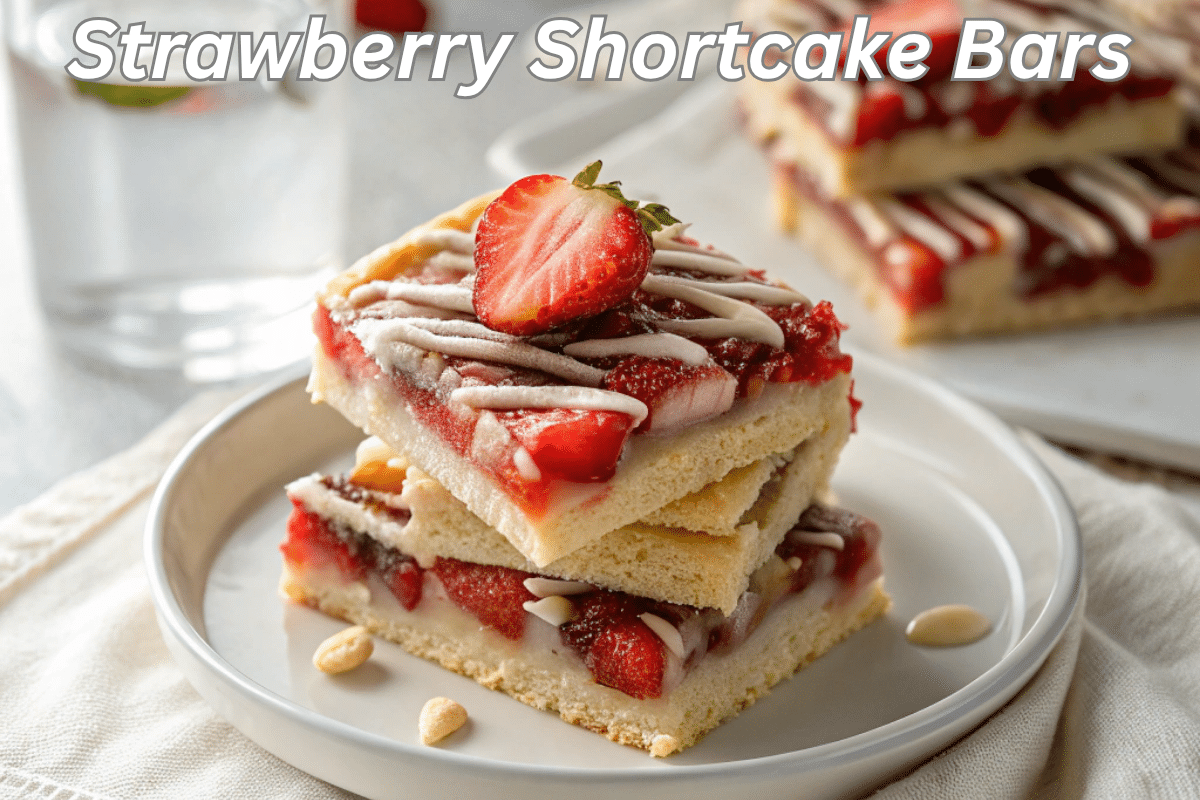 Strawberry Shortcake Bars beautifully stacked with white chocolate drizzle and fresh strawberries