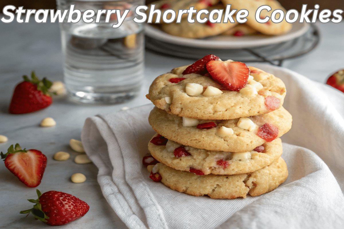 Stack of strawberry shortcake cookies with strawberries and white chocolate chips