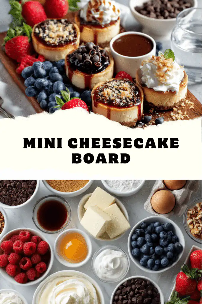 Organized flat-lay of ingredients for Mini Cheesecakes with fresh berries, sauces, and nuts.