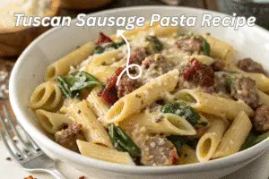 Bowl of creamy Tuscan sausage pasta with sun-dried tomatoes and spinach