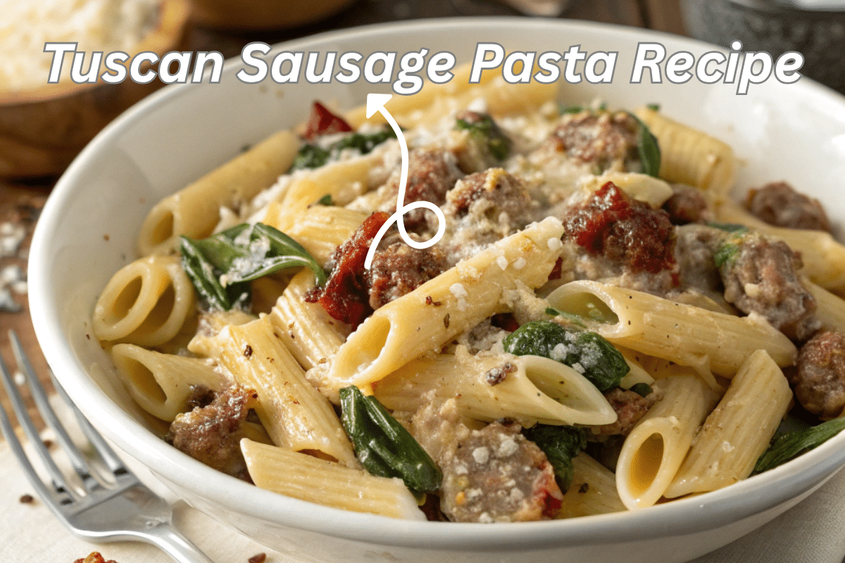 Bowl of creamy Tuscan sausage pasta with sun-dried tomatoes and spinach