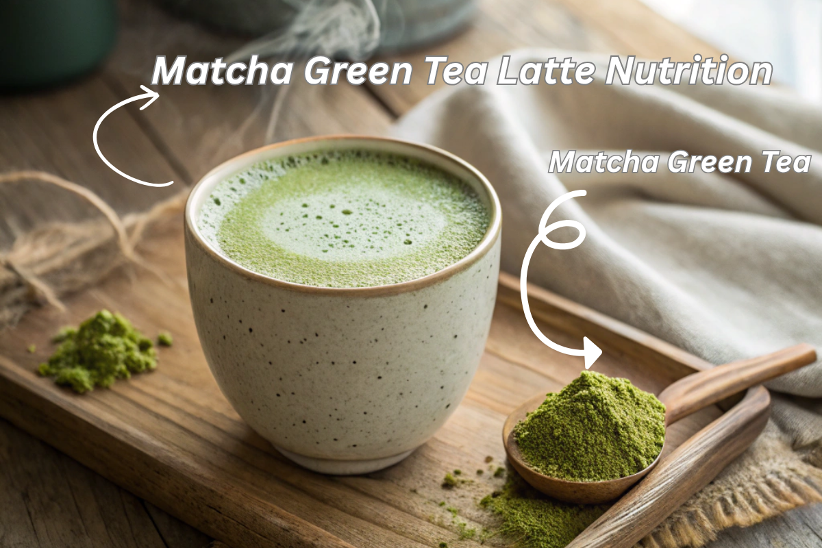 Classic matcha green tea latte in a cozy café