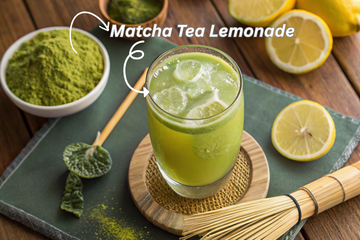Glass of homemade matcha tea lemonade on wooden table