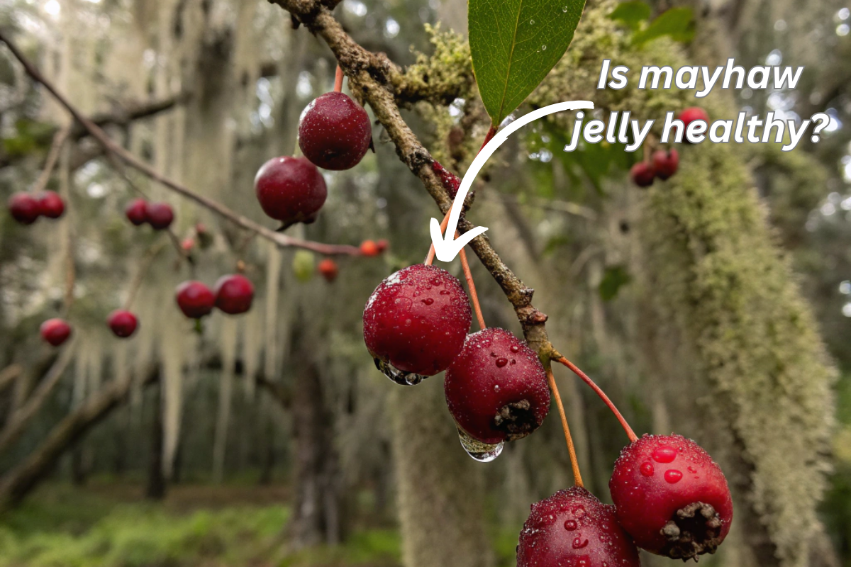 Close-up of ripe mayhaw berries in a swamp