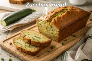 Zucchini Bread: Moist, Easy, and Delicious Recipe Sliced zucchini bread loaf on a wooden board with warm rustic styling