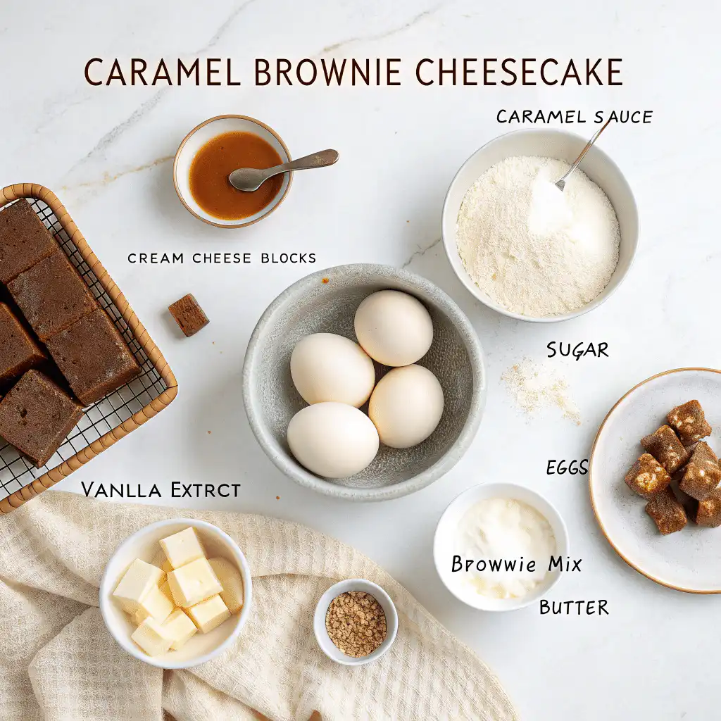 Flat-lay of Caramel Brownie Cheesecake ingredients: cream cheese, sugar, eggs, vanilla extract, brownie mix, caramel sauce, and butter