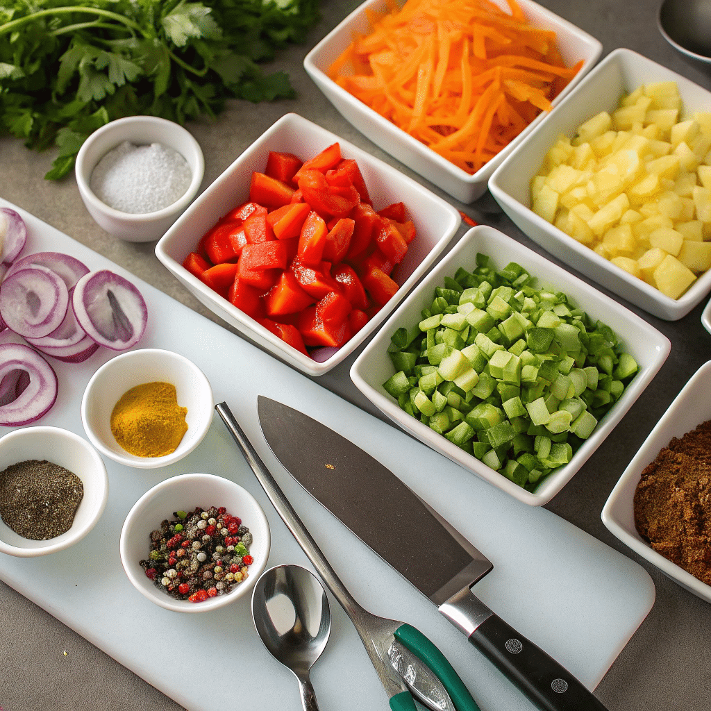 Pineapple Cucumber Salad – Fresh, Zesty & Refreshing 3 A close-up shot of fresh ingredients neatly arranged on a table, including chopped vegetables, spices, and utensils