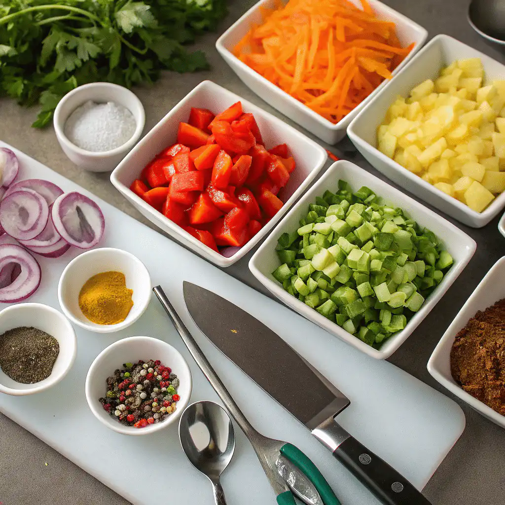 Pineapple Cucumber Salad – Fresh, Zesty & Refreshing 4 A close-up shot of fresh ingredients neatly arranged on a table, including chopped vegetables, spices, and utensils
