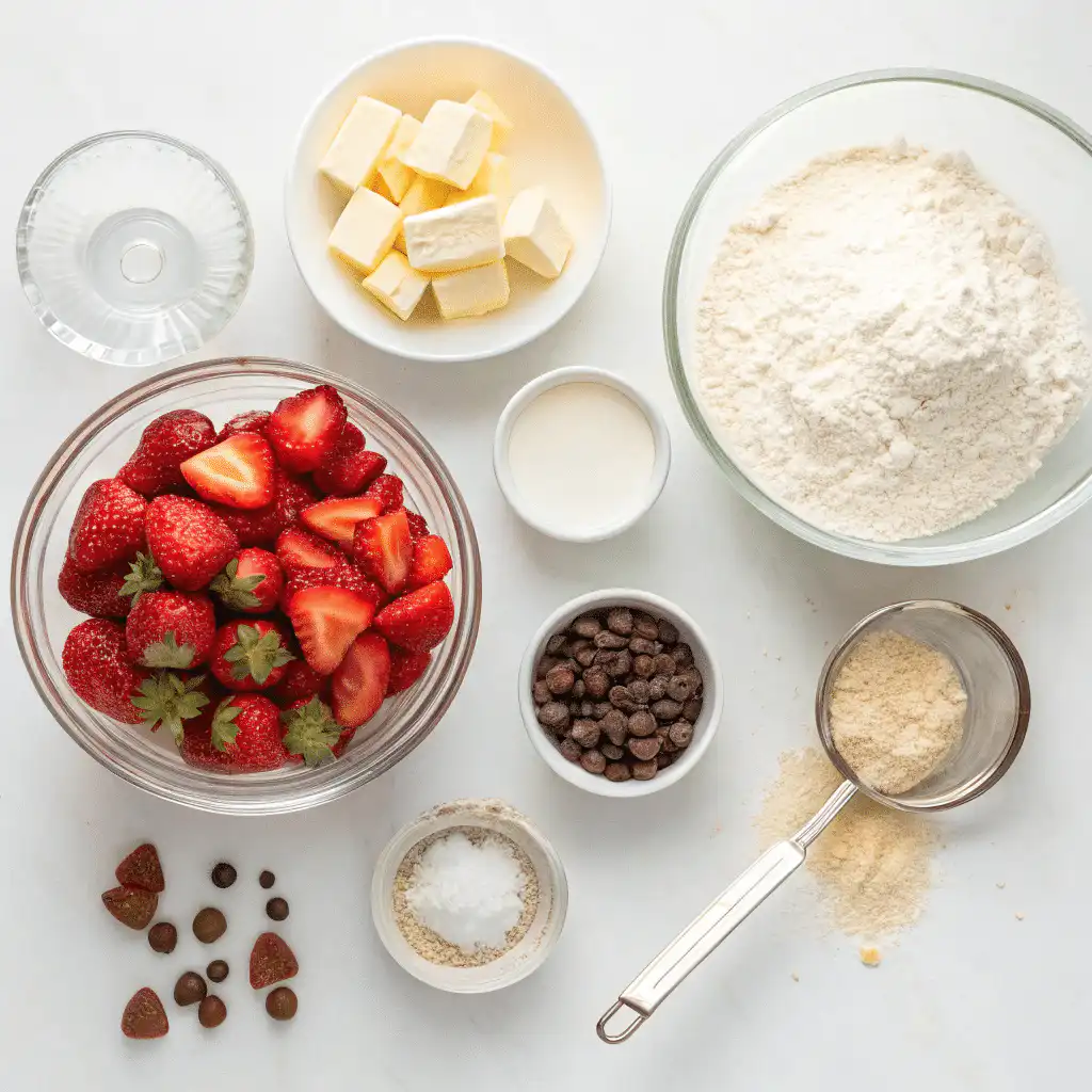Flat lay of strawberry shortcake cookie ingredients on a clean white surface