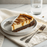 Plated Caramel Brownie Cheesecake slice with caramel topping, styled with white napkin and water glass
