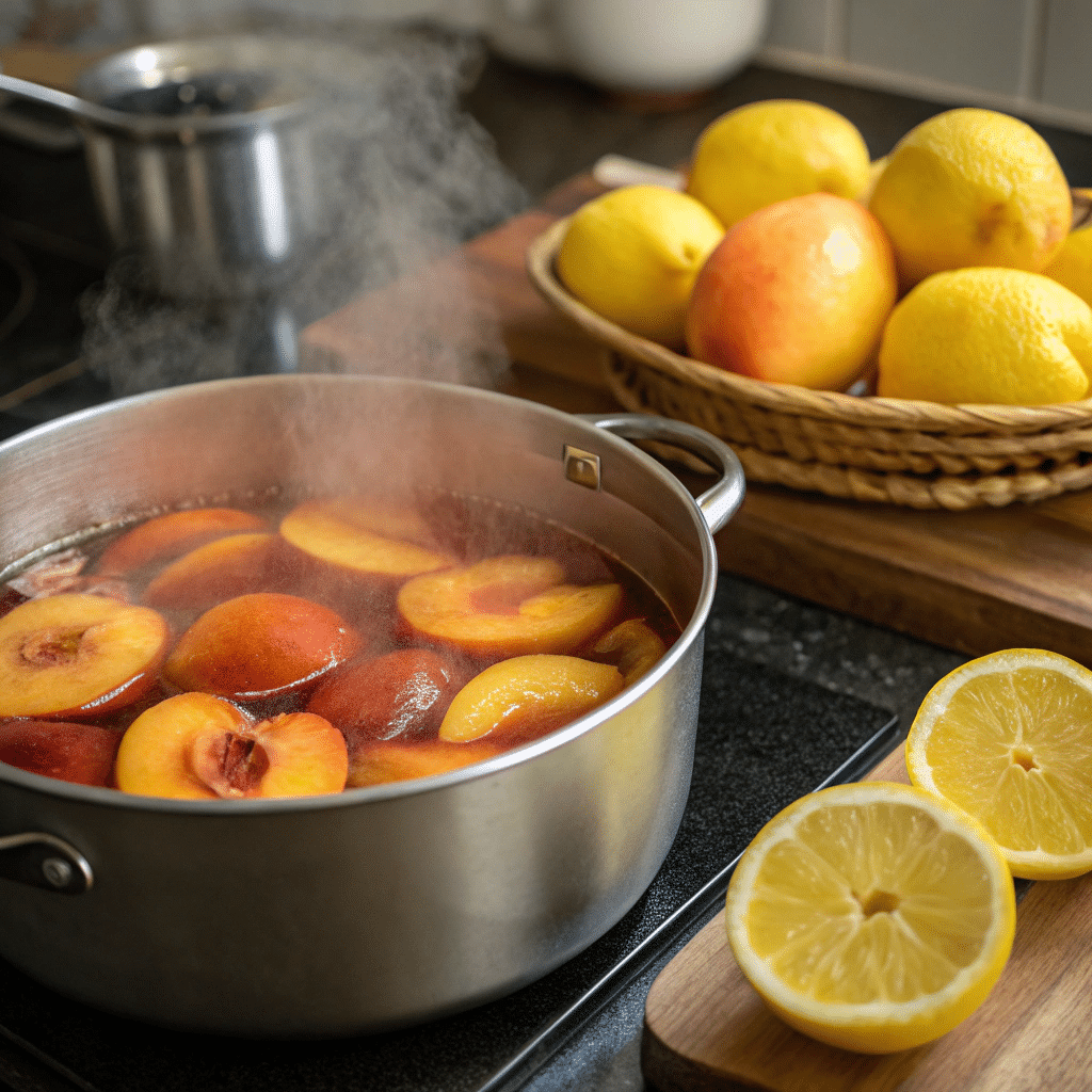 Peach Lemonade That Tastes Like Summer in a Glass 4 Simmering peaches in a pot for lemonade