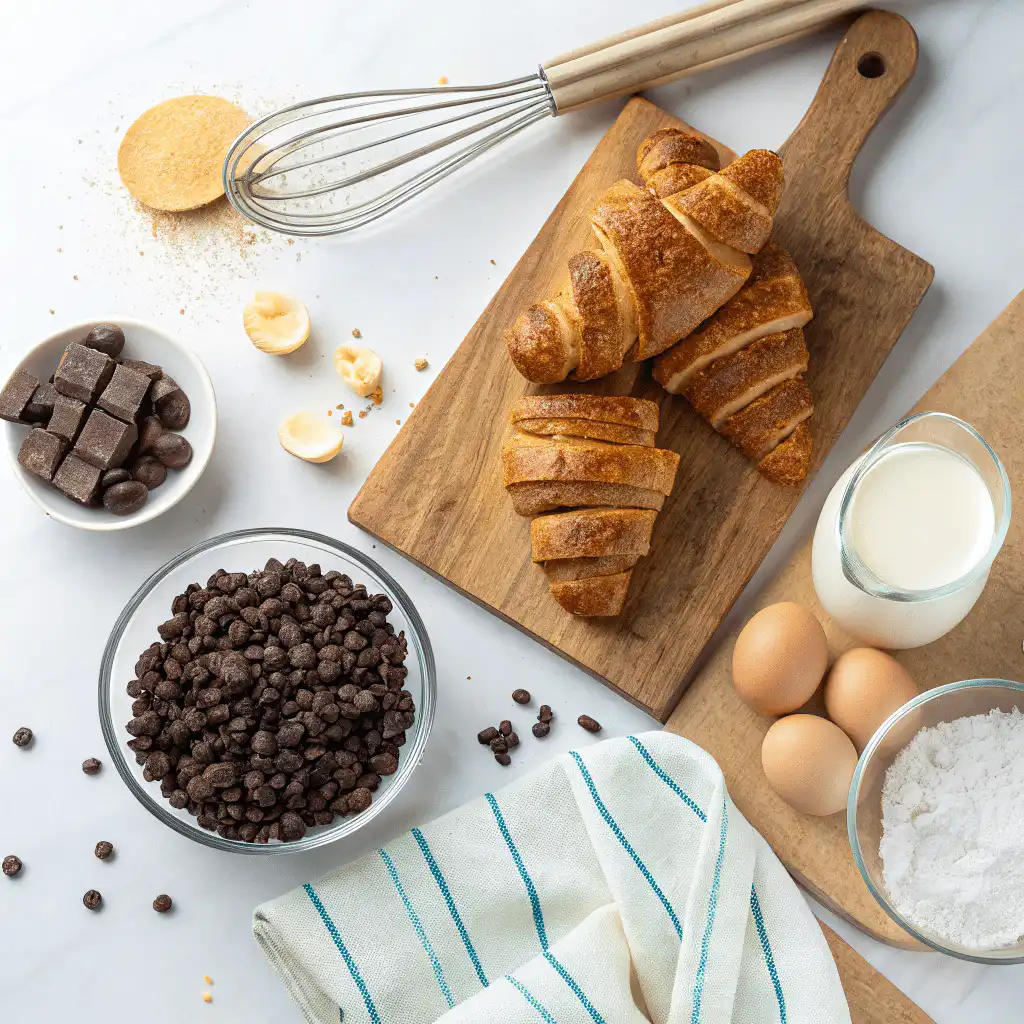 Ingredients for Chocolate Croissant Breakfast Bake arranged on a clean surface