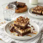 Final plated Milky Way Caramel Cheesecake Brownies with gooey caramel and cheesecake layers, garnished with chocolate and caramel drizzle.