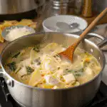 White lasagna soup simmering on stove