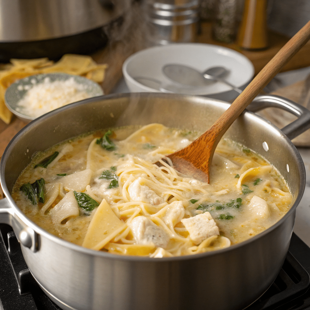White Lasagna Soup: Creamy, Cozy, and Seriously Crave-Worthy 5 White lasagna soup simmering on stove