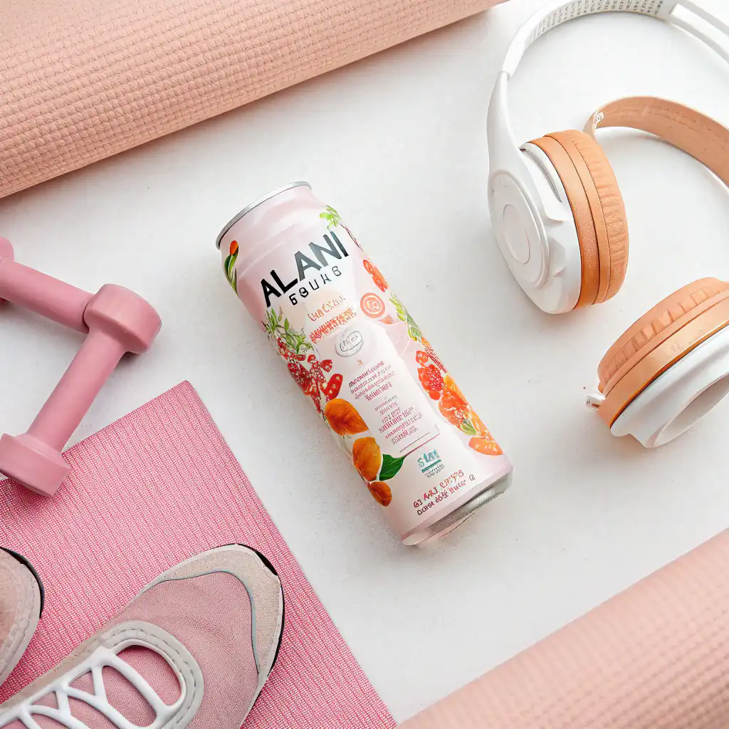 Alani Energy Drink Review: Is It Really Worth the Hype? 3 Alani Energy Drink can with yoga mat, sneakers, and wireless earbuds