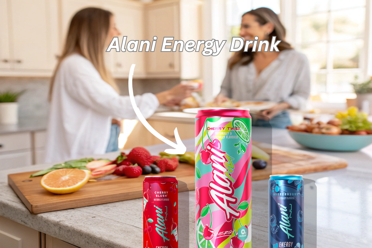 Two women chatting in a cozy kitchen with Alani Energy Drink on the counter