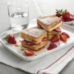 Plated Fried Strawberry Cheesecake Sandwiches with powdered sugar garnish, fresh strawberries, and a golden crunch served on a white plate