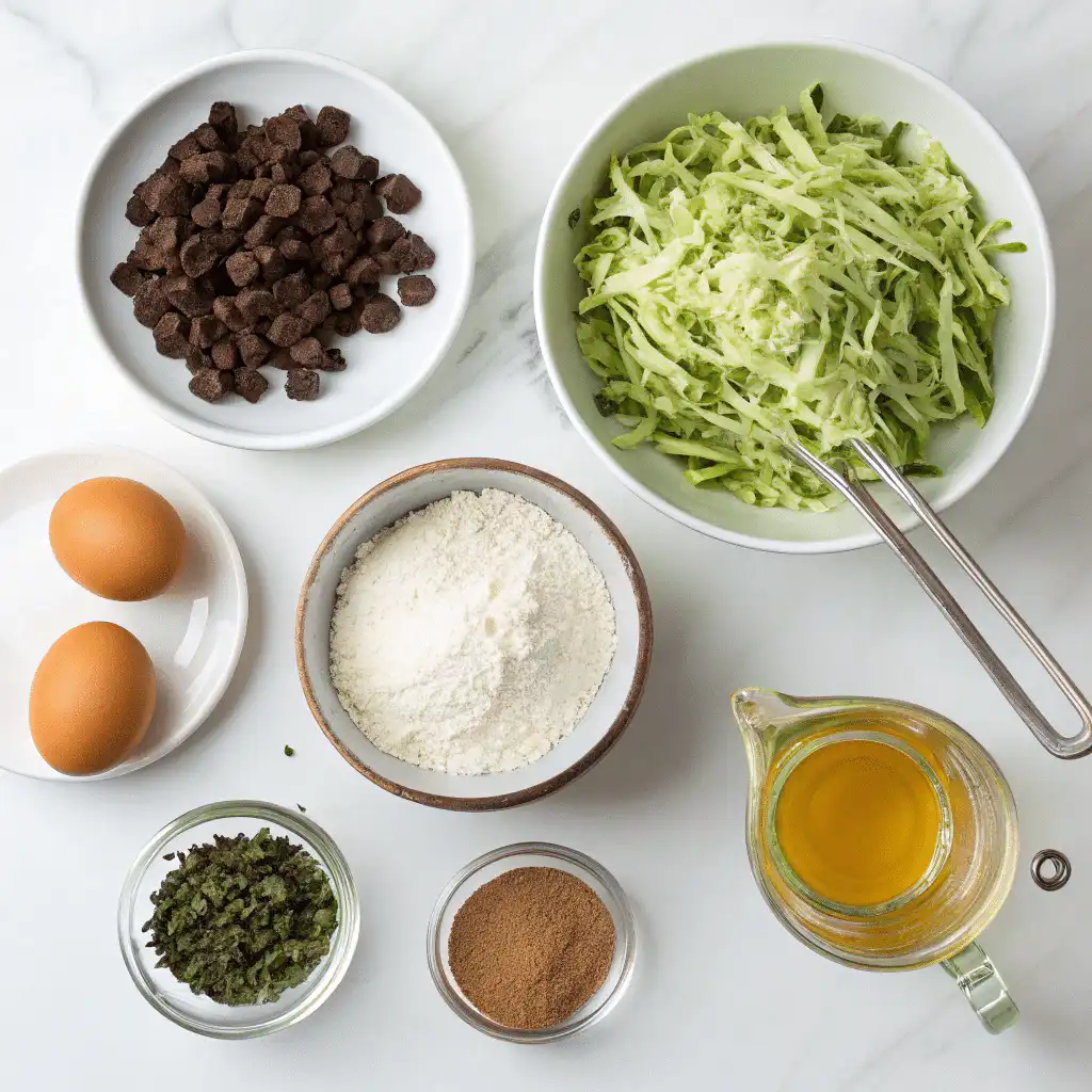 Flat-lay of Chocolate Zucchini Bread ingredients beautifully displayed on a white surface