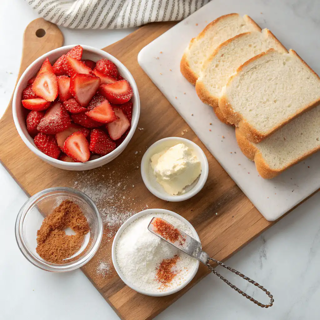 Flat-lay showcasing ingredients for Fried Strawberry Cheesecake Sandwiches, including fresh strawberries, cream cheese, sugar, cinnamon, bread slices, butter, and powdered sugar