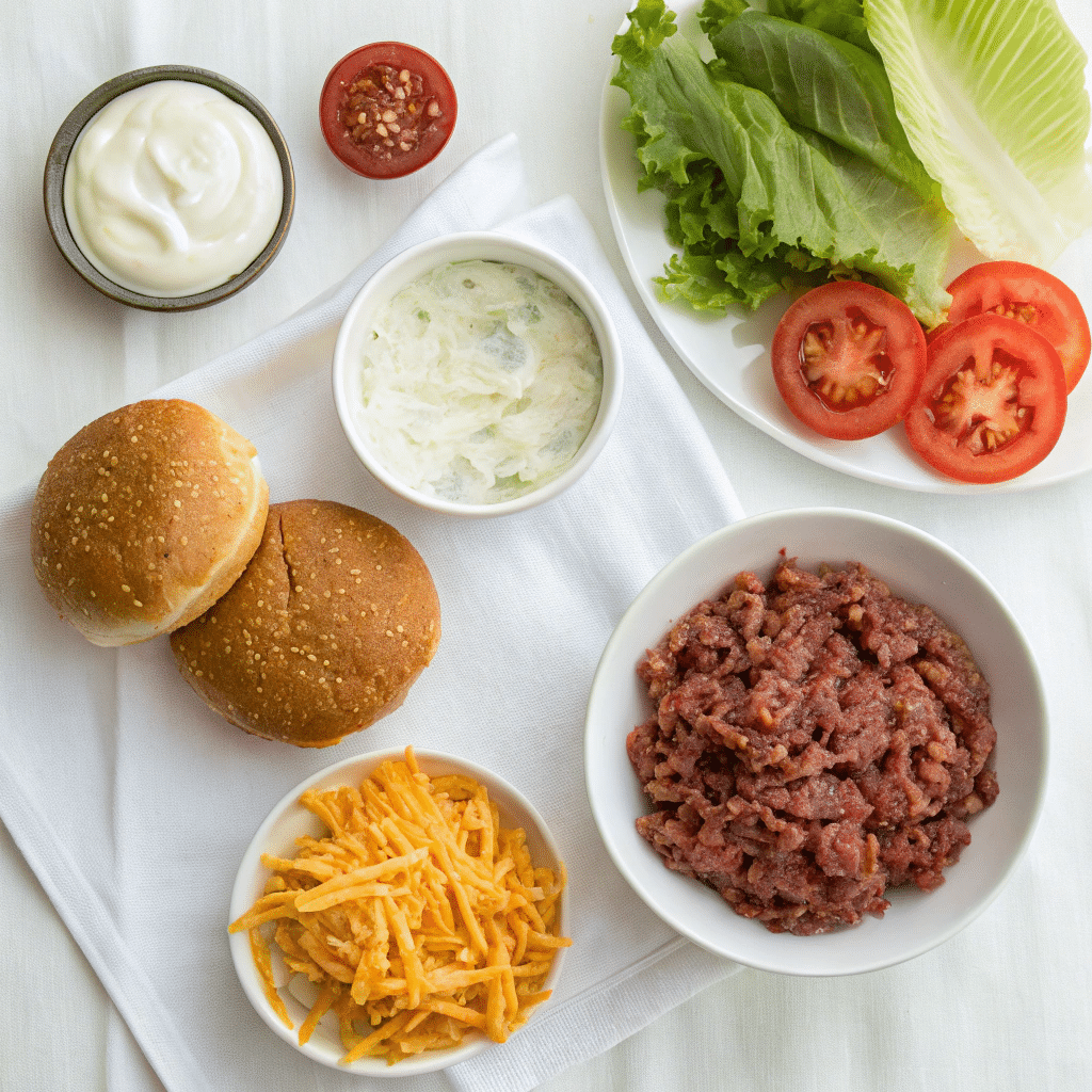 Crack Burgers: Irresistibly Juicy Burgers for Any Occasion 3 Organized crack burger ingredients flat lay
