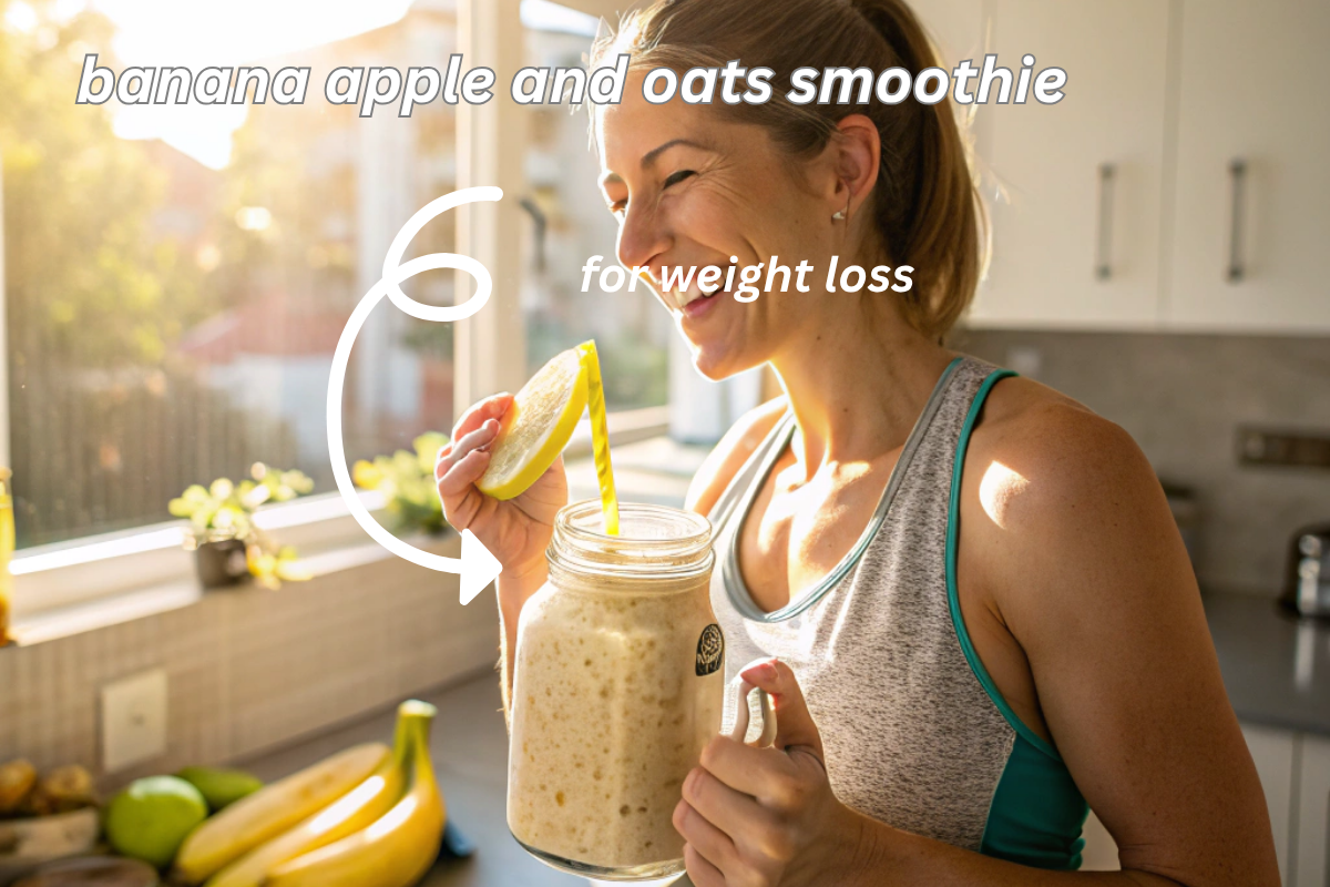 Woman holding a banana apple oats smoothie in a sunlit kitchen