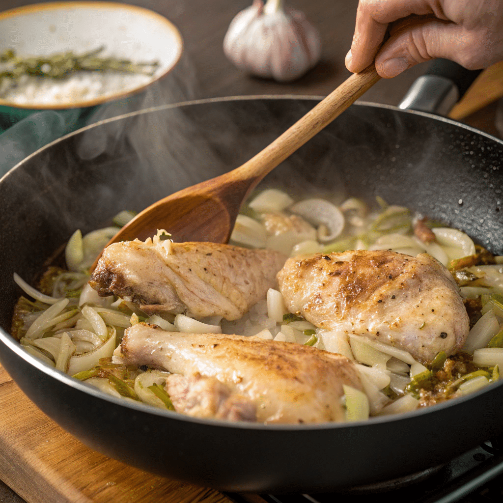 Creamy Smothered Chicken and Rice: The Ultimate Comfort Meal 4 Chicken cooking in a pan with garlic and onion