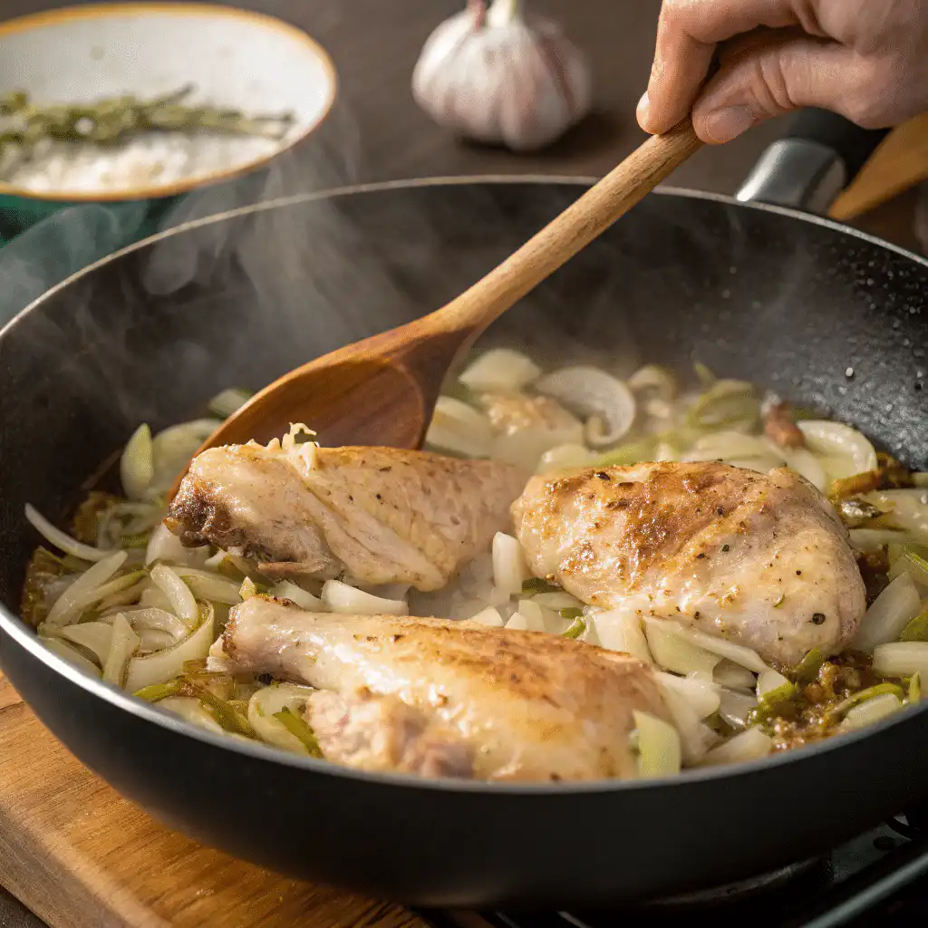 Chicken cooking in a pan with garlic and onion