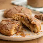 Chewy French toast cookie broken in half with maple glaze and cinnamon sugar topping