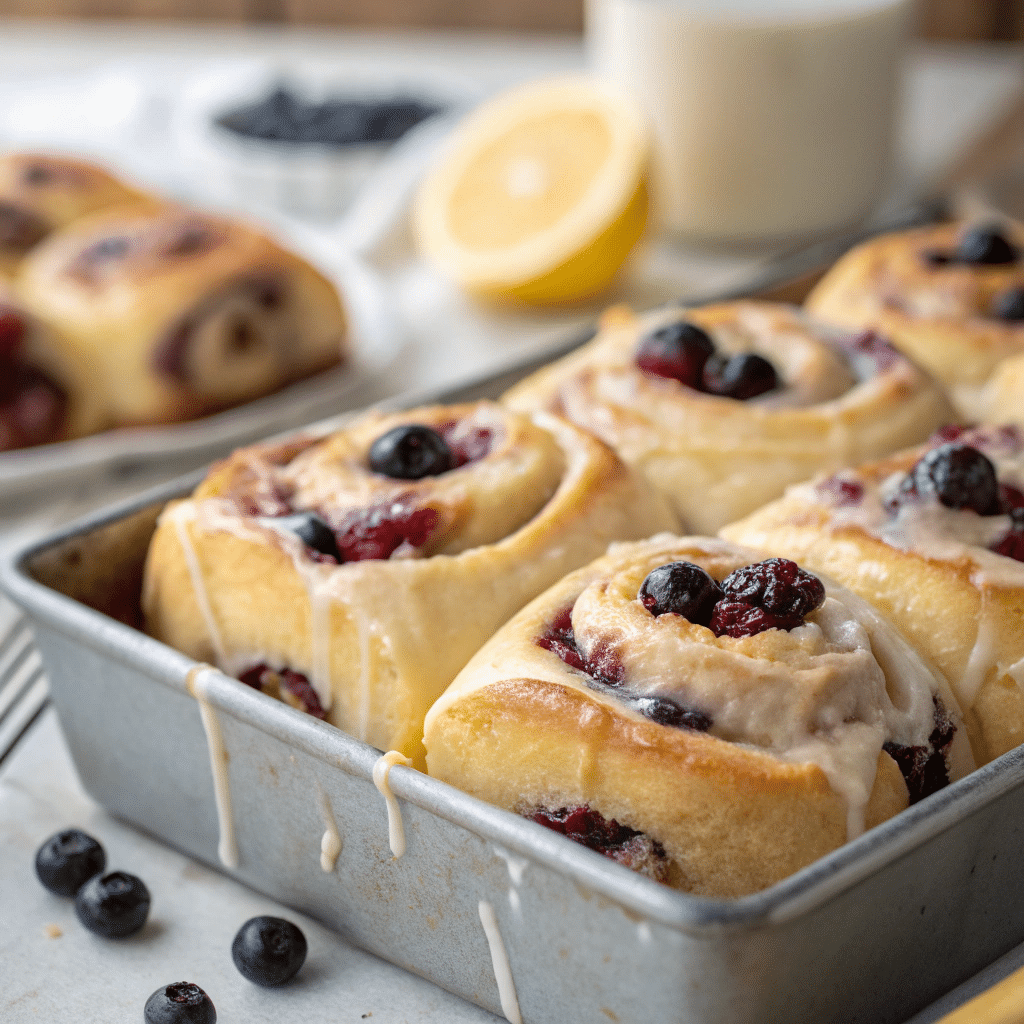 These Sourdough Lemon Blueberry Sweet Rolls Are Summer in a Pan 5 Glazed blueberry lemon rolls close-up