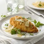 Crispy Parmesan Chicken Recipe: Easy & Delicious Dinner 4 Crispy Parmesan chicken served on a white plate with parsley garnish and a glass of water.