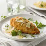 Crispy Parmesan chicken served on a white plate with parsley garnish and a glass of water.