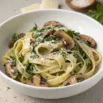 Spinach Mushroom Pasta: Creamy, Healthy & Delicious Recipe 4 Creamy spinach mushroom pasta served in a shallow bowl topped with parmesan