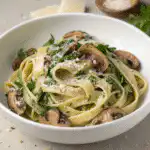 Creamy spinach mushroom pasta served in a shallow bowl topped with parmesan