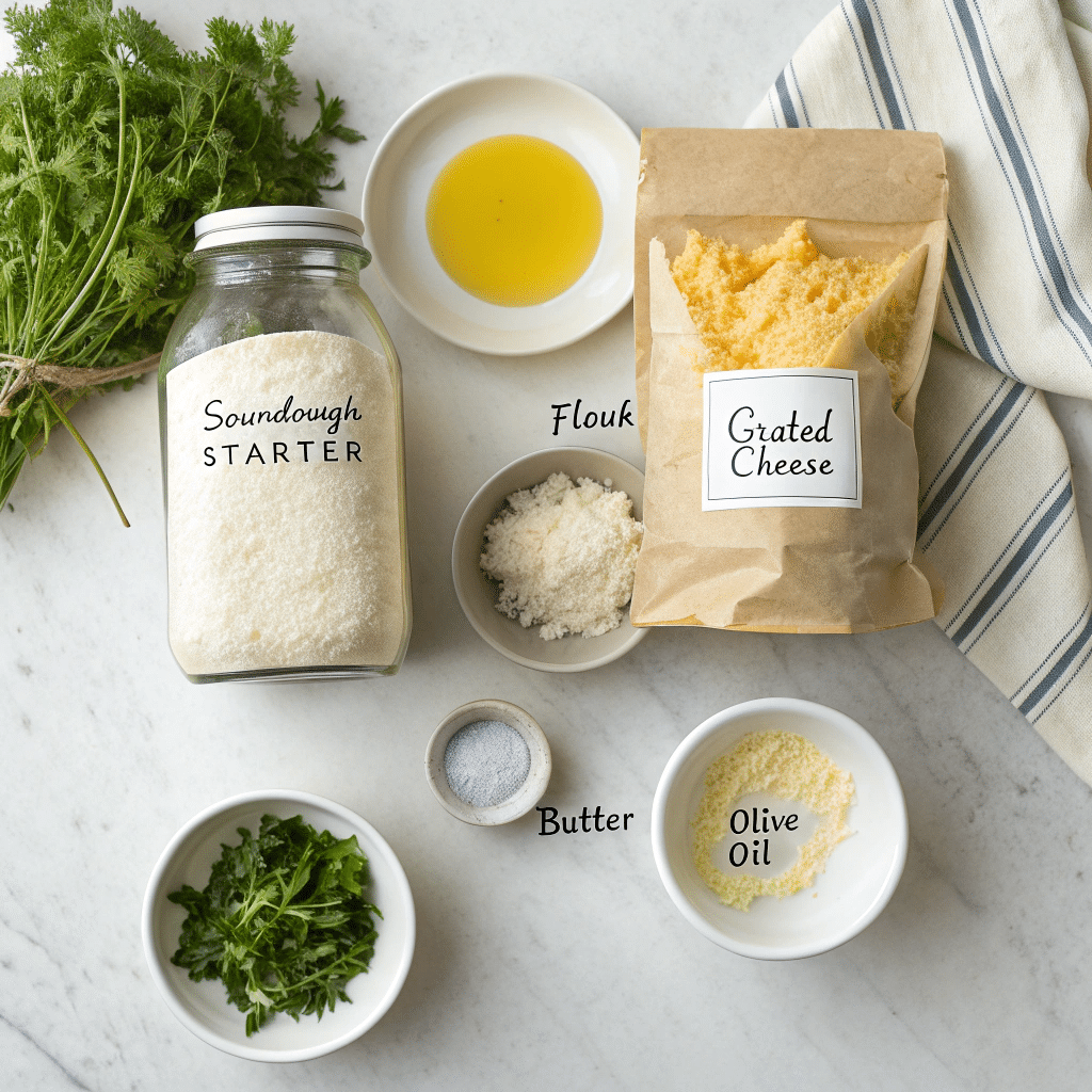 Sourdough Cheesy Breadsticks 4 Flat lay of sourdough cheesy breadstick ingredients
