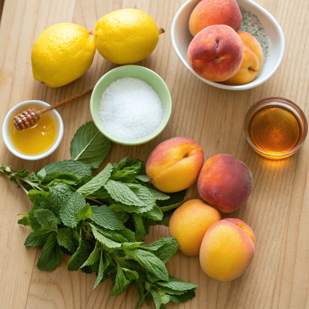 Peach Lemonade That Tastes Like Summer in a Glass 3 Ingredients for peach lemonade laid out neatly
