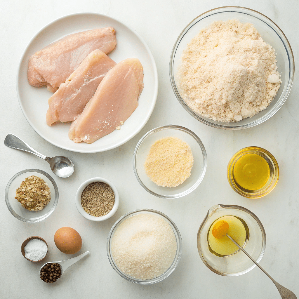 Crispy Parmesan Chicken Recipe: Easy & Delicious Dinner 3 Flat-lay of ingredients for crispy Parmesan chicken recipe, including chicken breasts, Parmesan, breadcrumbs, spices, eggs, and olive oil.