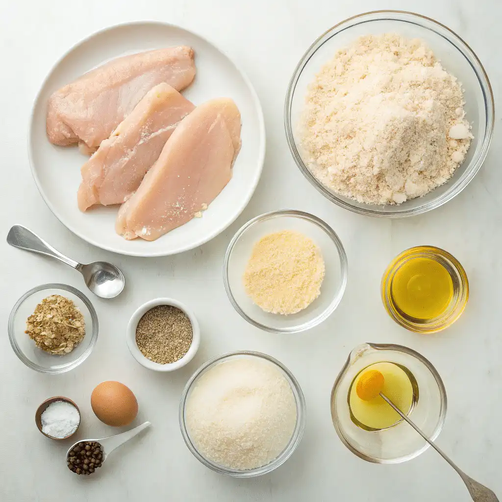 Flat-lay of ingredients for crispy Parmesan chicken recipe, including chicken breasts, Parmesan, breadcrumbs, spices, eggs, and olive oil.
