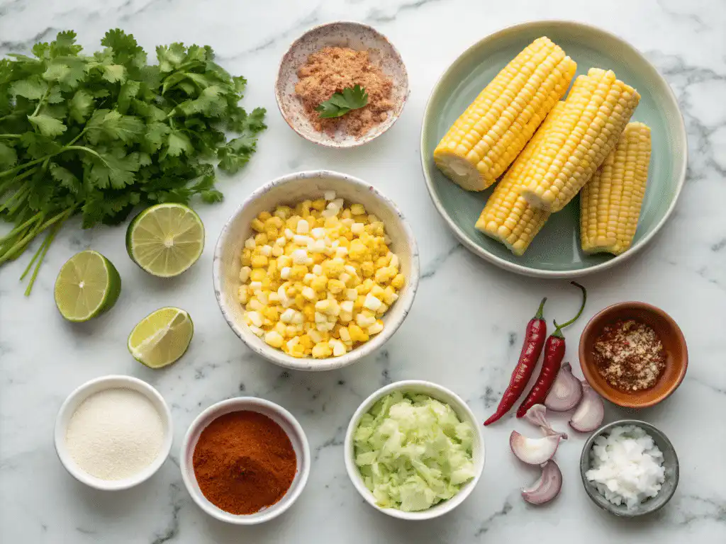Mexican Street Corn Soup: A Cozy Take on a Street Food Favorite 4 Fresh ingredients for Mexican street corn soup including corn kernels, lime, cotija cheese, and spices arranged on marble counter