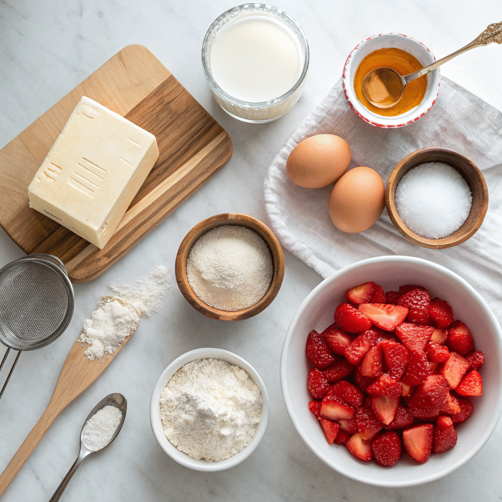 Strawberry Shortcake Bars - Easy, Delicious, No-Bake Recipe 3 flat lay of the ingredients for strawberry shortca 1