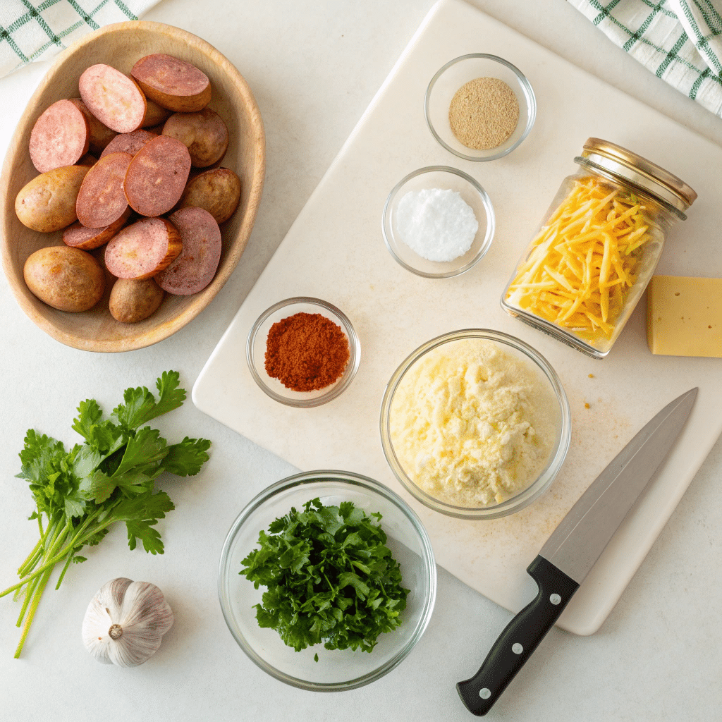 Cheesy Ranch Potatoes and Smoked Sausage – Flavorful Comfort Food 3 Cheesy Ranch Potatoes ingredients flat lay