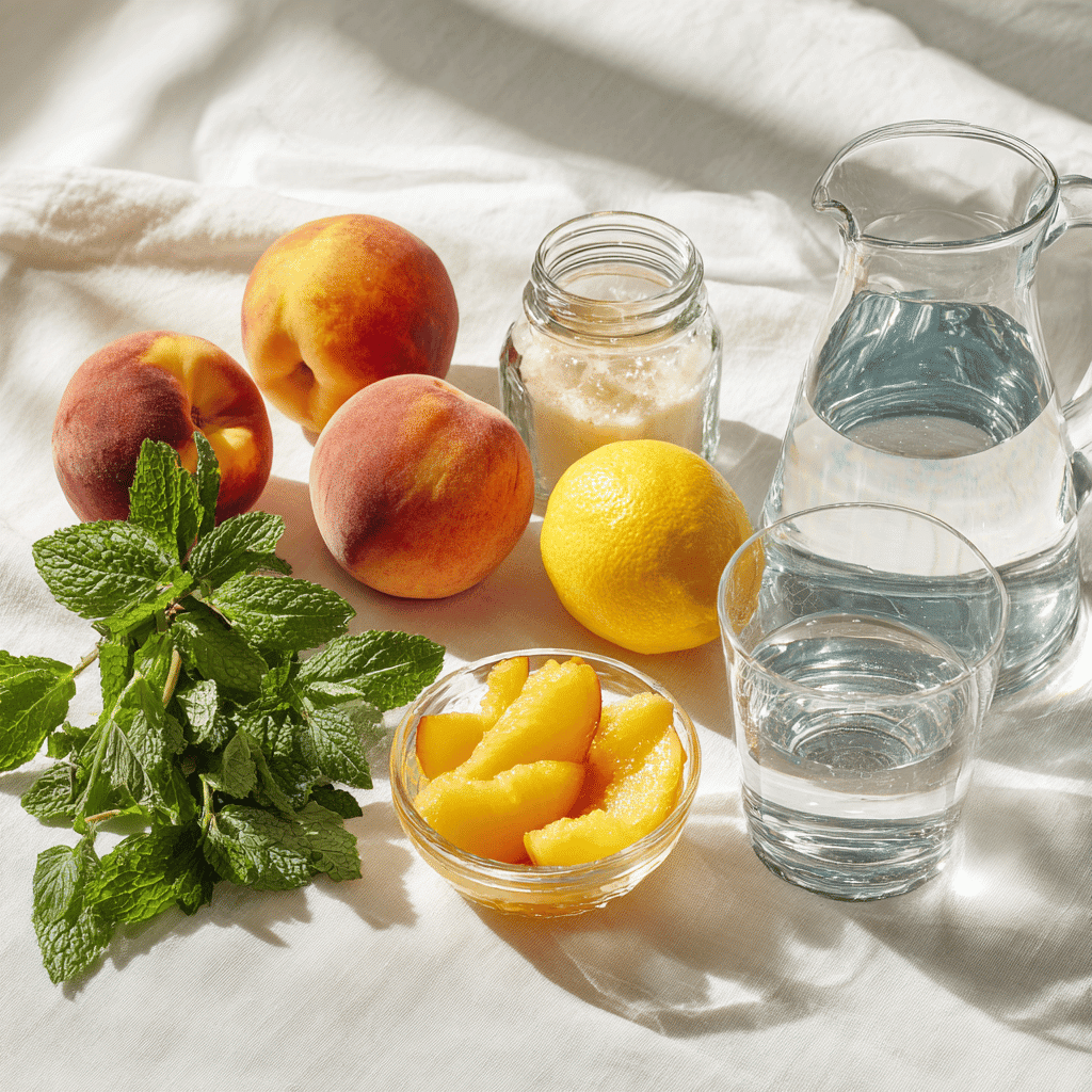 Peach Lemonade Recipe – Refreshingly Sweet (+Video) 3 Peach lemonade ingredients: peaches, lemons, sugar, water, and mint arranged on a white surface