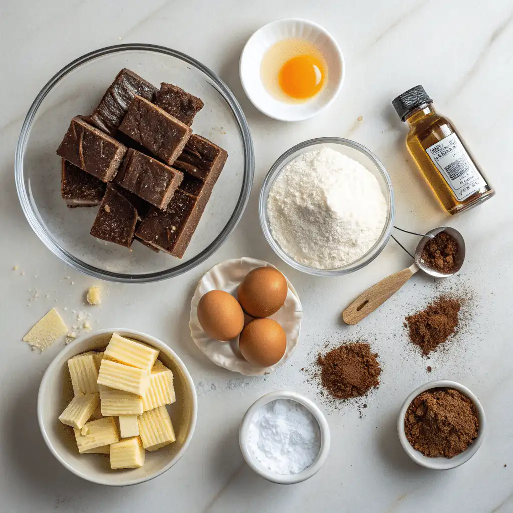 Flat-lay image of Milky Way Caramel Cheesecake Brownies ingredients: Milky Way bars, cream cheese, sugar, eggs, butter, cocoa powder, vanilla extract, flour, and salt
